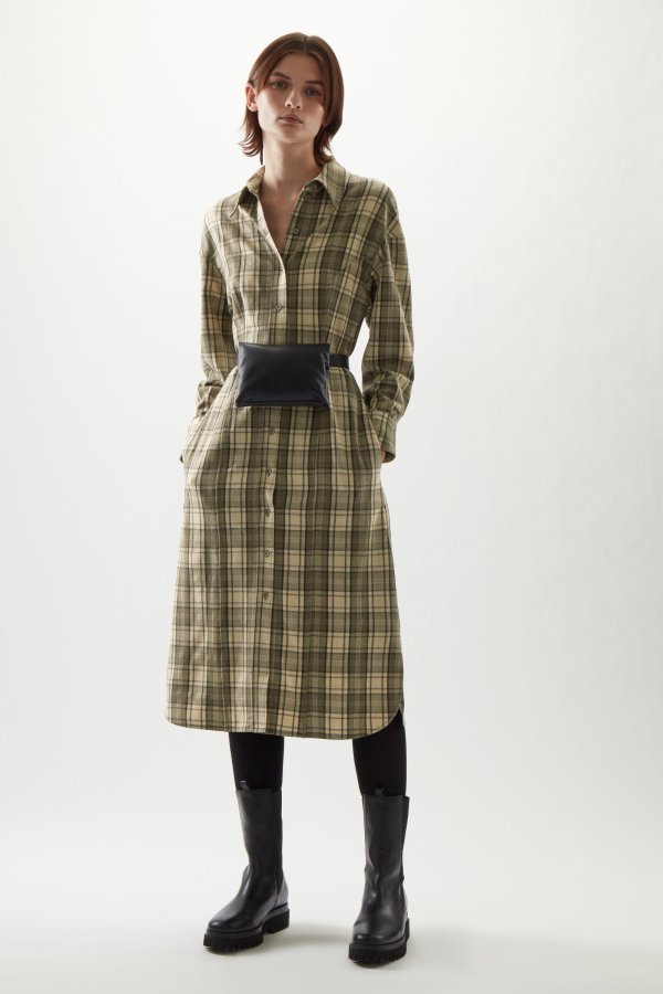 WOOL MIX CHECKED STRUCTURED SHIRT DRESS