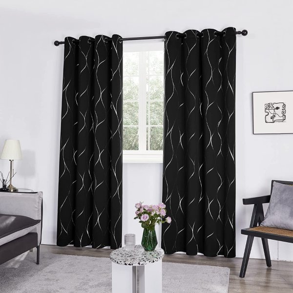 Blackout Curtains, Wave Foil Print Pattern Room Darkening Curtain, Thermal Insulated Window Energy Saving Drapes for Bedroom (52W x 63L Inch, Set of 2 Panels, Black)