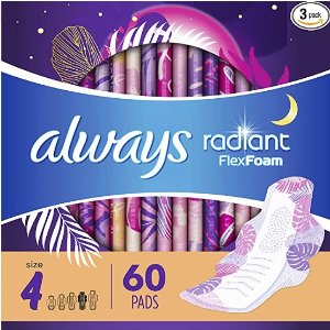 Always Radiant Feminine Pads for Women, Size 4, 60 Count