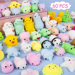 KIZCITY 60 Pcs Mochi Squishies, Kawaii Squishy Toys for Party Favors, Animal Squishies Stress Relief Toys for Boys & Girls Birthday Gifts, Classroom Prize, Goodie Bags Stuffers