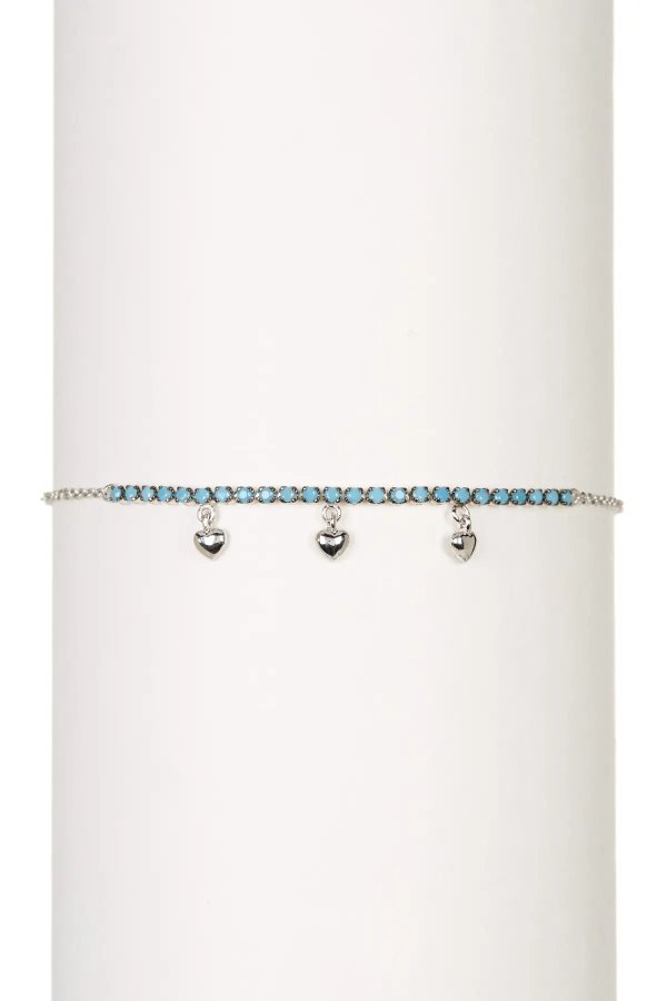 Sterling Silver Turquoise Stone and Hanging Hearts Bracelet