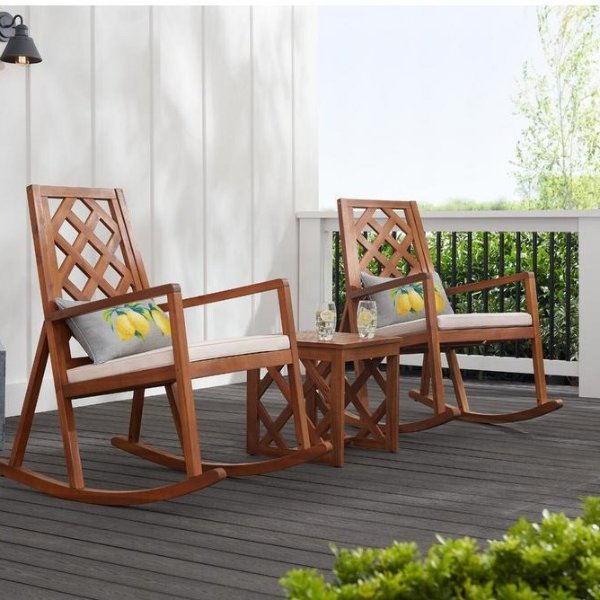 Willow Glen Farmhouse Wood Outdoor Patio Rocking Chair with Teak Finish and Beige Cushion