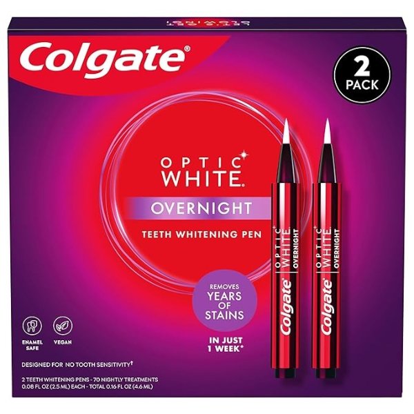 Optic White Overnight Teeth Whitening Pen, Teeth Stain Remover to Whiten Teeth, 35 Nightly Treatments Each, 0.08 Fl Oz (2 Pack)