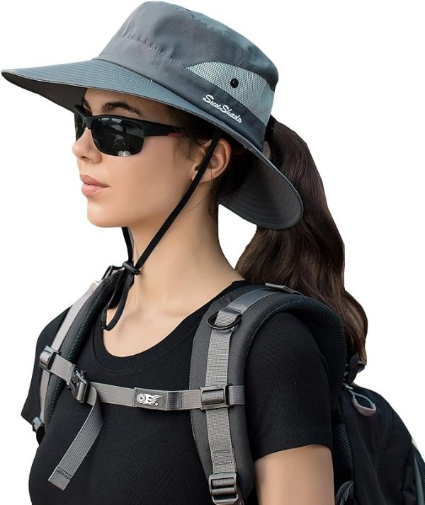 Ponytail Sun Bucket Hat for Women Men Wide Brim UPF 50+ Fishing & Beach Hats