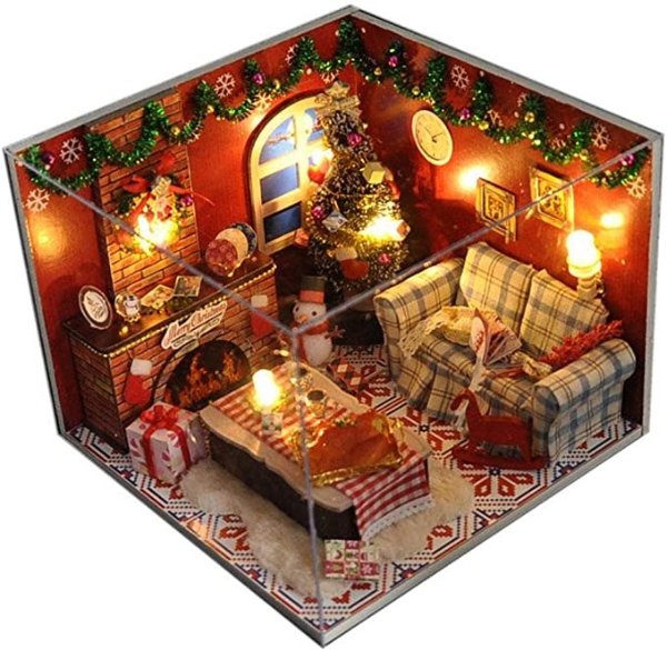 Dollhouse Miniature DIY House Kit Creative Room with Furniture and Glass Cover for Romantic Artwork Gift(Christmas Eve)