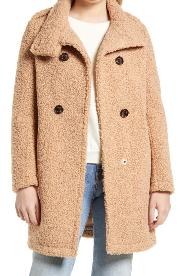 Double Breasted Faux Shearling Teddy Coat