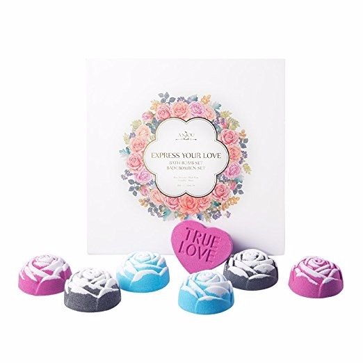 Anjou Rose Bath Bombs Gift Set, with Red Rose, Blue Rose, and Black Rose, Perfect for Bubble & lush Spa Bath, 6 x Rose Shaped Bombs, 1 x Heart Shaped Bomb
