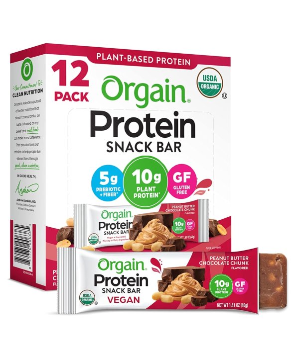 Orgain Organic Vegan Protein Bars, Peanut Butter Chocolate Chunk - 10g