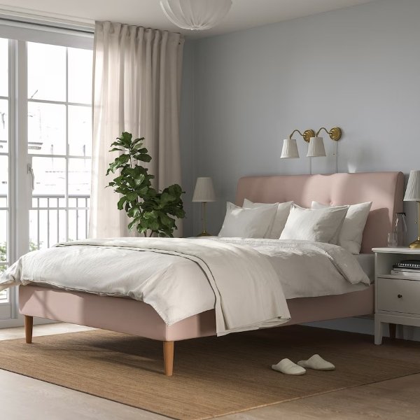 IDANAS Upholstered bed frame, Gunnared pale pink, Queen
