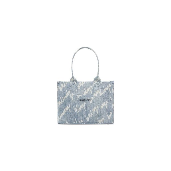 hardware small tote bag with strap in scribbled printed denim