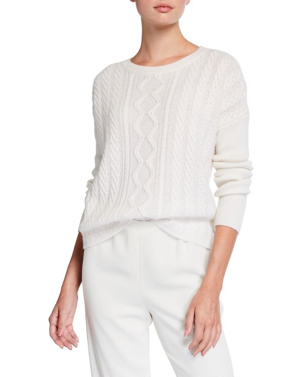 Cashmere Boat-Neck High-Low Cable-Knit Sweater