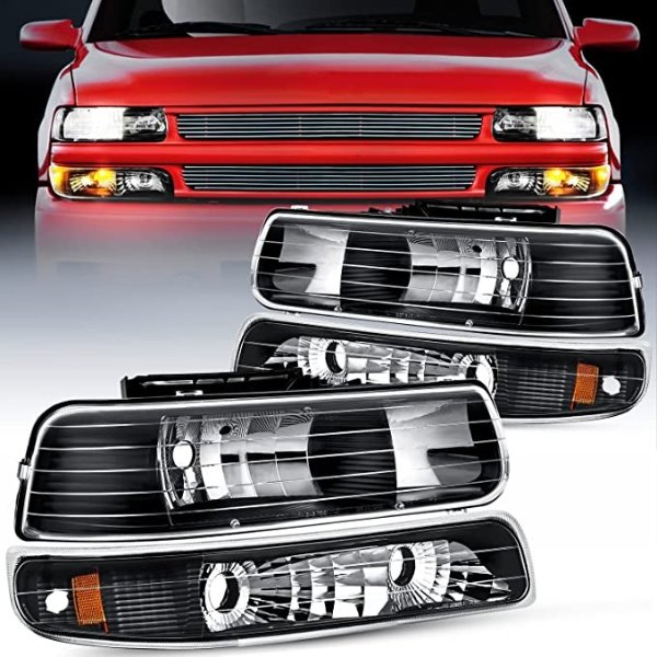 Headlight Assembly for 1999 2000 2001 2002 Chevy Silverado Avalanche 1500 1500HD 2500 2500HD 3500 Chevrolet Tahoe Suburban Replacement Headlamp Housing Bumper Lights Set, 2 Years Warranty