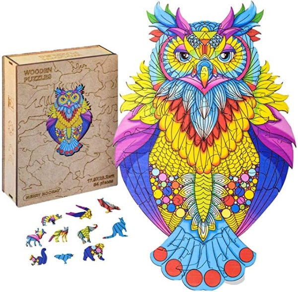 Arfamo Wooden Jigsaw Puzzles - Unique Shape Jigsaw Pieces Best Gift for Adults and Kids Charming Owl 11.5 × 7.5 in (29x19cm)-54 Pieces
