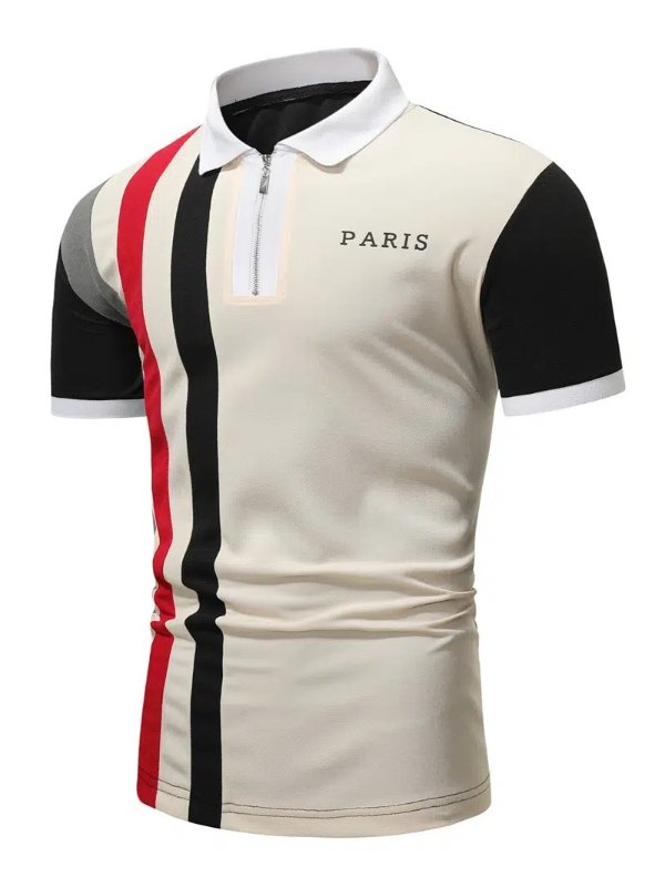 Men's Color Block Zip Short Sleeve Polo Shirt Men's Clothes Summer | Discounts For Everyone | Temu