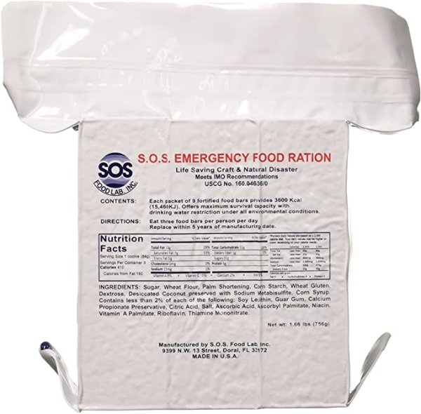 185000825 S.O.S. Rations Emergency 3600 Calorie Food bar - 3 Day/ 72 Hour Package with 5 Year Shelf Life, 5" Height, 2" Wide, 4.5" Length
