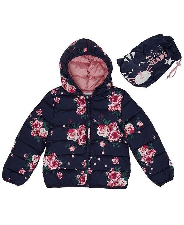 Toddler Girls Floral Print Packable Jacket with Match Back Bag
