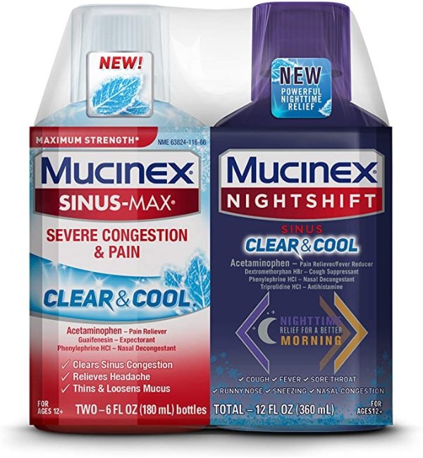 Maximum Strength Mucinex Sinus-Max Severe Congestion & Pain Clear & Cool & Mucinex Nightshift Sinus Clear & Cool Liquid Combo Pack, Multi-Symptom Relief with a Burst of Cooling Menthol (Set)