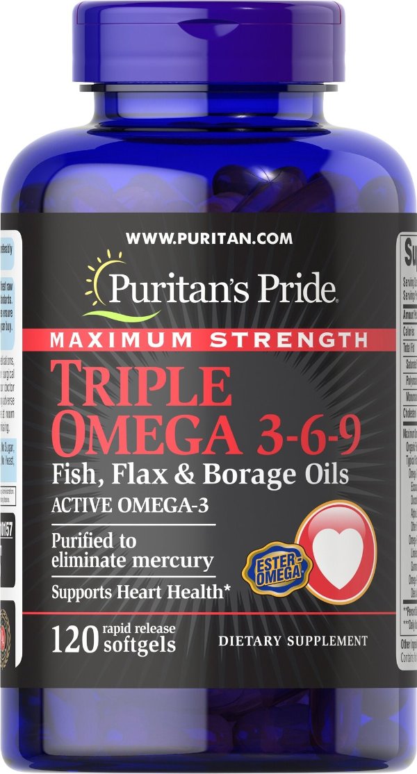 Maximum Strength Triple Omega 3-6-9 Fish, Flax & Borage Oils 120 Softgels | Vitamins & Supplements Supplements | Puritan's Pride