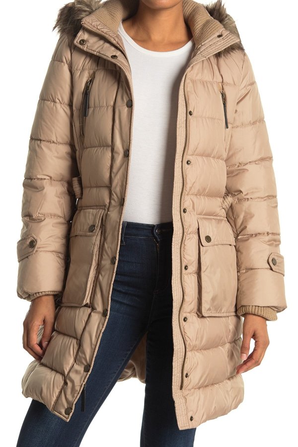 Faux Fur Trim Hooded Belted Puffer Jacket