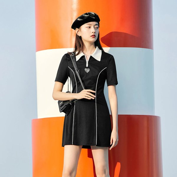 Polo Collar Contrast Color High Waist Dress | Peacebird Women Fashion