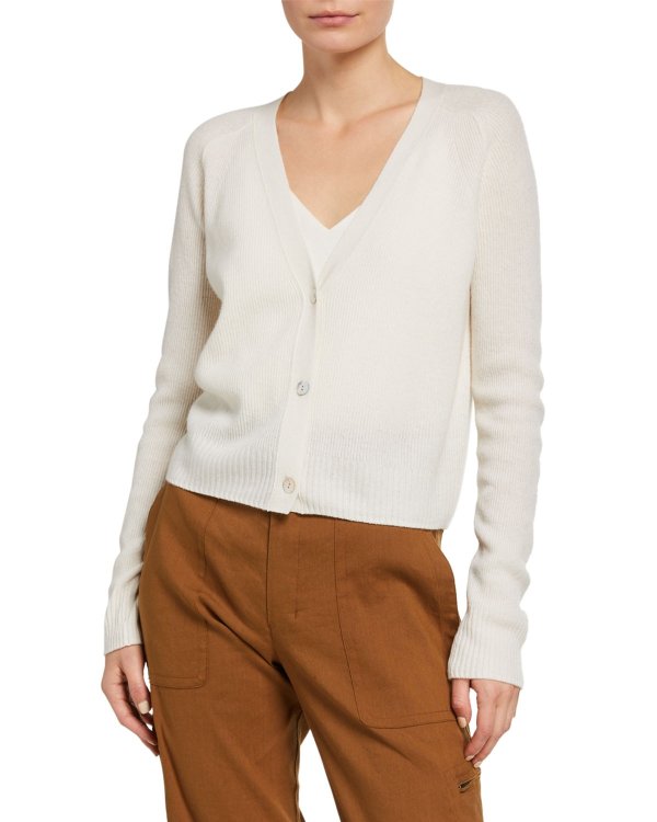 Button-Front Ribbed Cashmere Raglan Cardigan