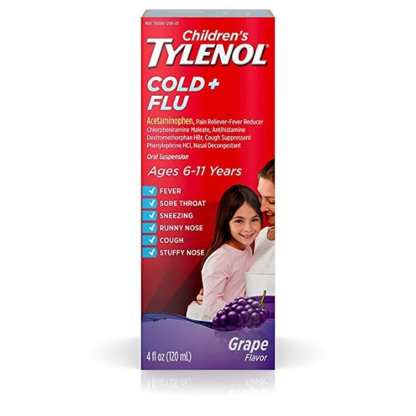 Children's Tylenol Cold and Flu Oral Suspension Kids’ Cold and Flu Medicine, Grape, 4 Fl. Oz