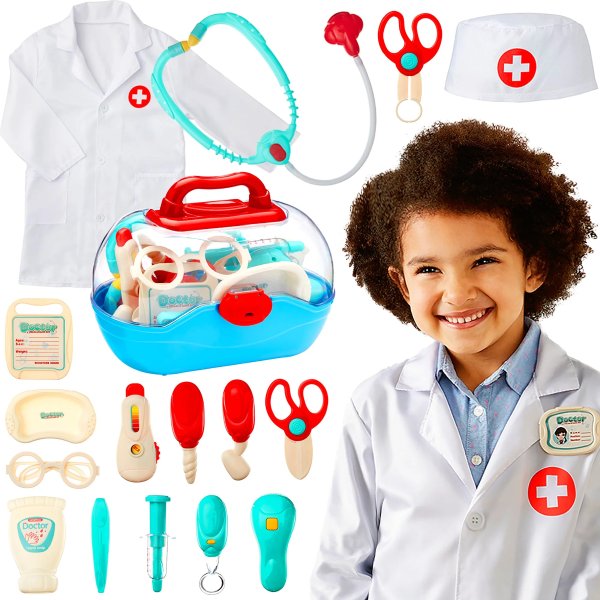 Play Doctor Kit for Kids, Boys & Girls w/ 18 Accessories, Doctor's Coa