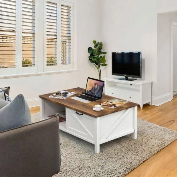 Coffee Table with Storage, Wood Coffee Tables, with Half Open Storage Tables, White & Wood