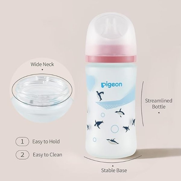 日本PIGEON贝亲 婴儿奶瓶 硅橡胶护层第3代 宽口径奶嘴 彩绘 玻璃240ml M奶嘴 3-6个月 (企鹅)