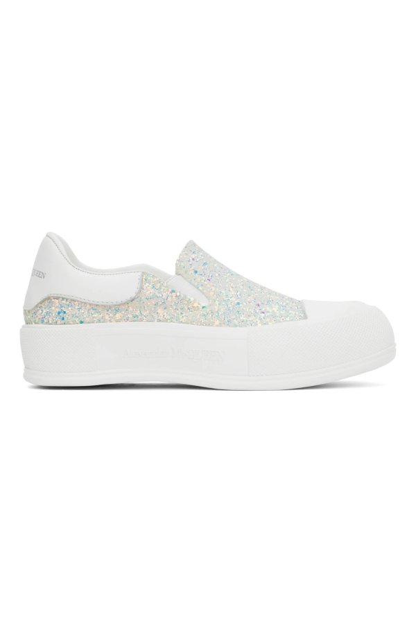 White Glitter Slip-On Sneakers