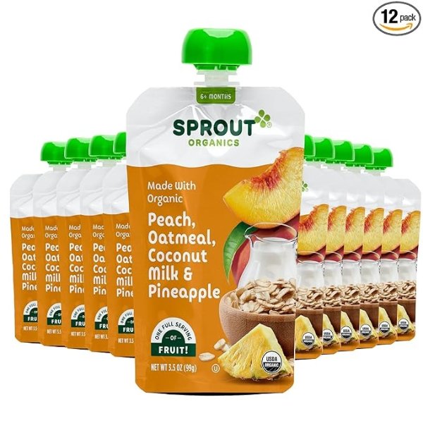 Organic Baby Food, Stage 2 Pouches, Peach Oatmeal with Coconut Milk and Pineapple, 3.5 Oz Purees (Pack of 12)