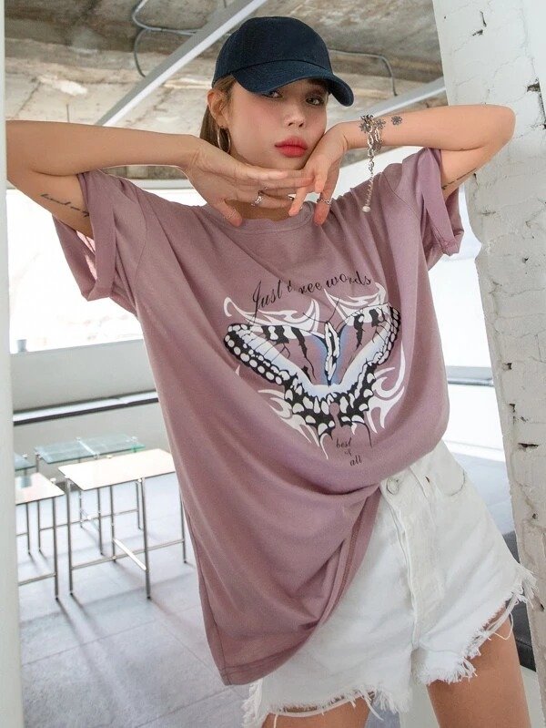 DAZY Butterfly & Slogan Graphic Oversized Tee