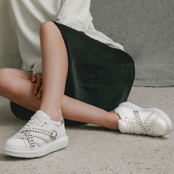 LILY - CHUNKY SOLE SNEAKERS WITH STUDS WHITE COW LEATHER
