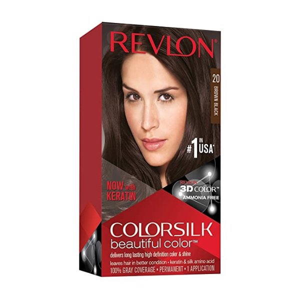 Colorsilk Beautiful Color, Permanent Hair Dye with Keratin, 100% Gray Coverage, Ammonia Free, 20 Brown/Black