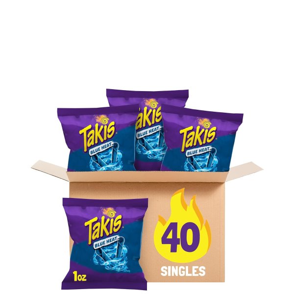Takis Blue Heat Rolled Spicy Tortilla Chips, Hot Chili Pepper Flavored 40 Individual Bags
