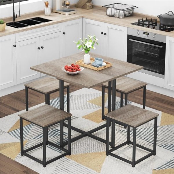 Industrial 5-Piece Dining Table Chair Set with 1 Square Table, 4 Backless Stools, Space Saving Kitchen Table Set, Gray