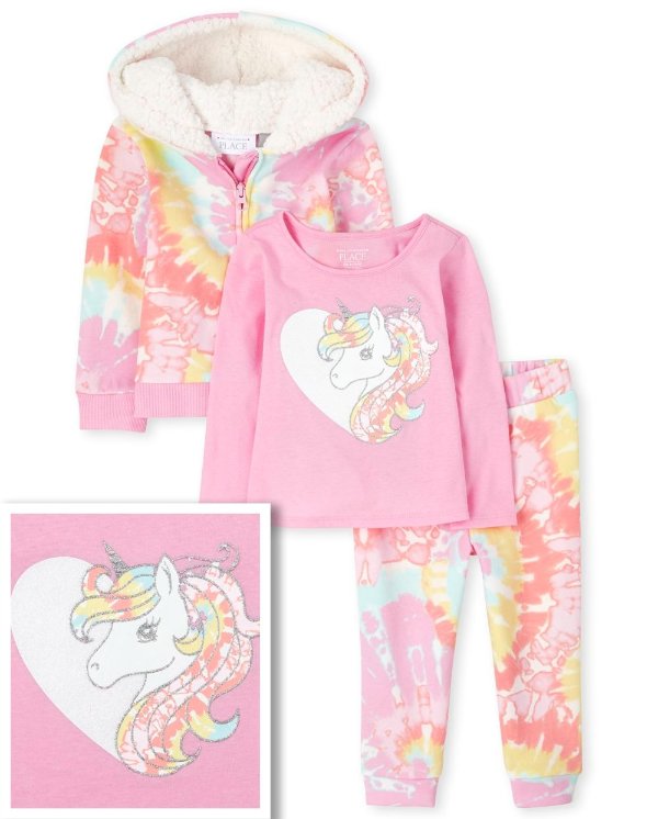Toddler Girls Unicorn Heart Top Tie Dye Zip Up Hoodie And Knit Jogger Pants Outfit Set