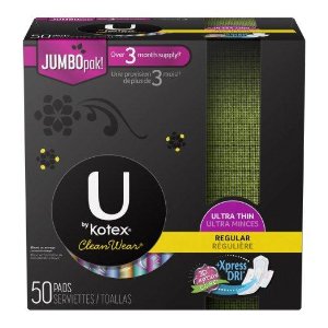 U by Kotex CleanWear Ultra Thin Regular Pads with Wings, Unscented, 50 Count