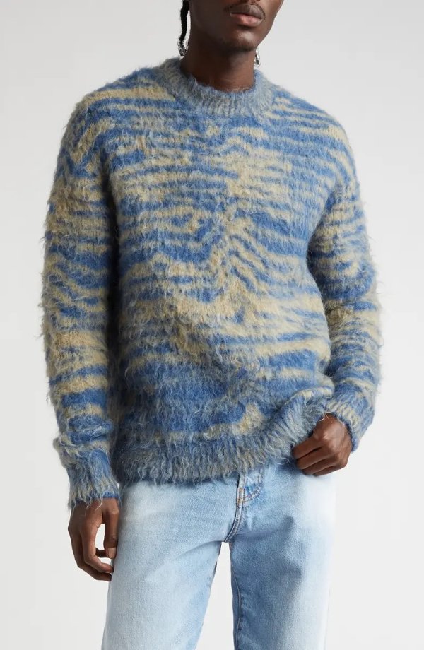 Jacquard Stripe Brushed Crewneck Sweater