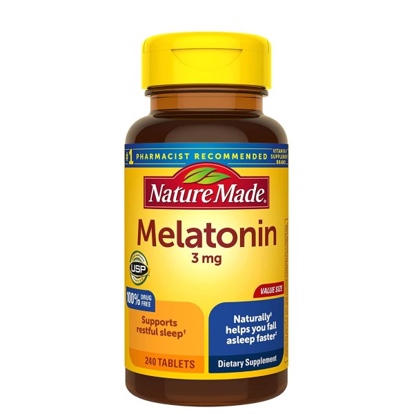 Melatonin 3 mg Tablets, Dietary Supplement for Restful Sleep, 240 Tablets, 240 Day Supply