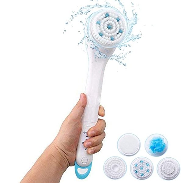 JOYARD Electric Shower Body Brush - Waterproof Long Handle Massager Bath Brush Body Cleaning Exfoliating SPA Massage Scrubber with 5 Replacement Brush Heads (batteries not included)