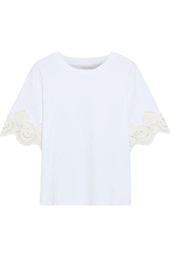 Guipure lace-trimmed T恤