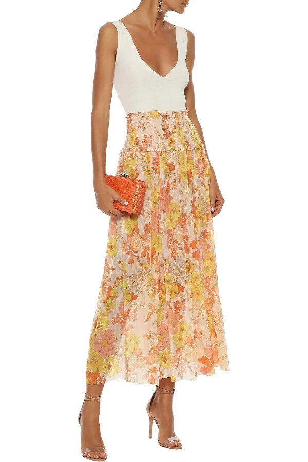 Primrose shirred floral-print cotton and silk-blend midi skirt