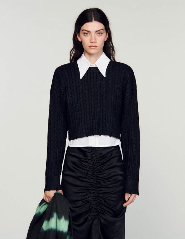 Wolly Cropped Shiny Cable Knit Sweater
