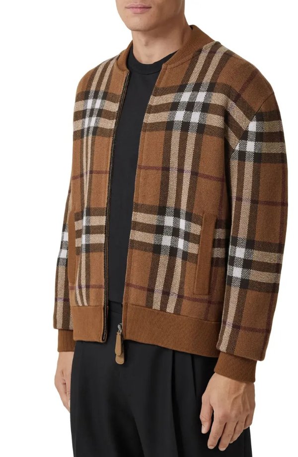 Maltby Check Jacquard Cashmere Sweater Bomber Jacket