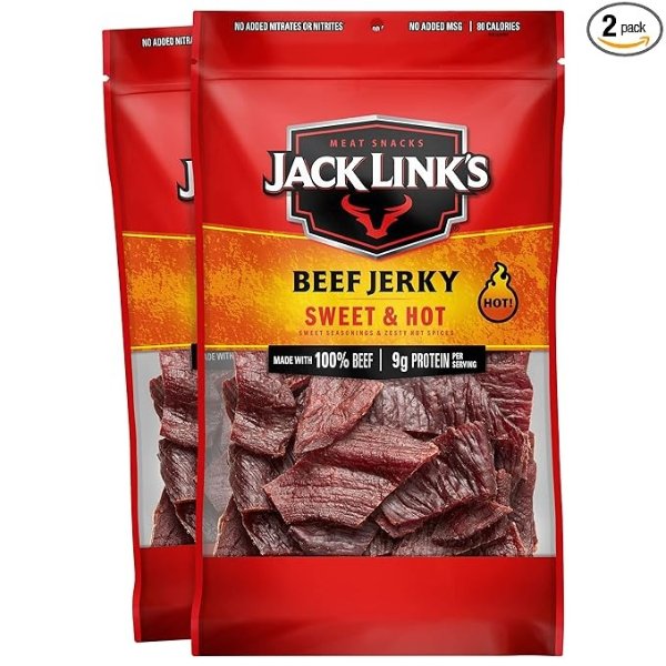 Jack Link’s Beef Jerky, Sweet and Hot, (2) 9 oz. Bags – Flavorful Everyday Snack with Sweet Seasonings and Hot Spices, 10g of Protein, 80 Calories, 100% Premium Beef - 96% Fat Free, No Added MSG