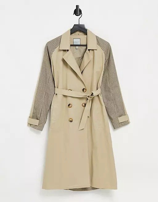 Curve trench coat with checked splicing 