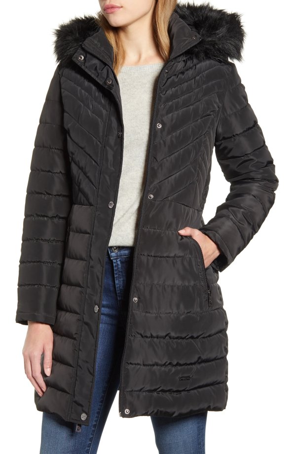 Hooded Puffer Jacket with Faux Fur Trim