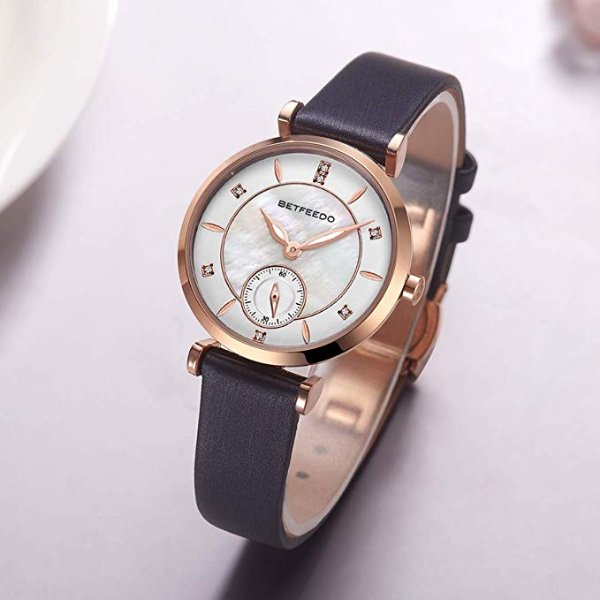 Women's Pearl Shell Dial Watch with Genuine Leather Strap