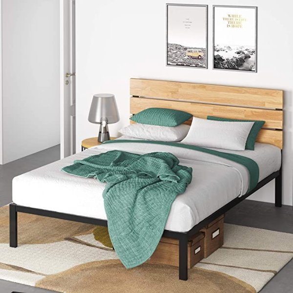 Paul Metal and Wood Platform Bed with Wood Slat Support, Full